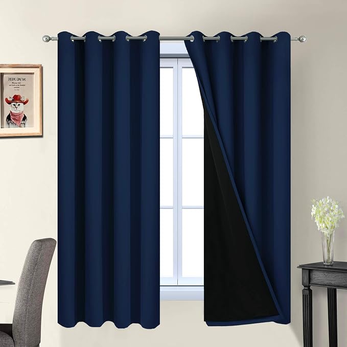 Yakamok Navy Blue 100% Blackout Curtains 63 Inches Long 52" Wide, 2 Panels | Blackout Curtain Panels for Bedroom, 2 Thick Layers Grommet Top Thermal Insulated Drapes with Black Liner for Living Room