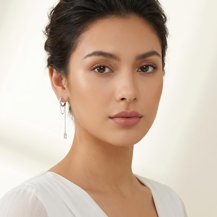 Reffeer 925 Sterling Silver CZ Chain Hoop Earrings Dangle for Women Teens Dangle Earrings Chain Drop Earrings Huggie