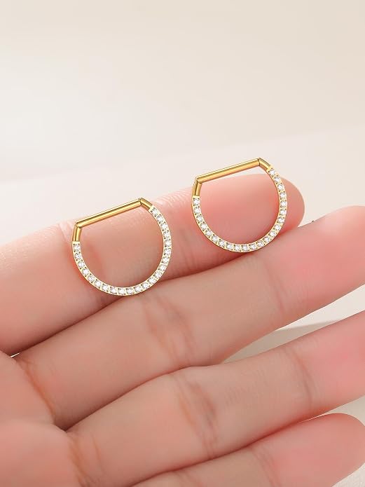 Oveta Titanium D Shaped Nipple Rings 14G for Nipple Piercing Jewelry Higned Segment Clicker Ring Hoops 11mm 12mm 14mm for Women Men, Silver Gold Black, 2PCS