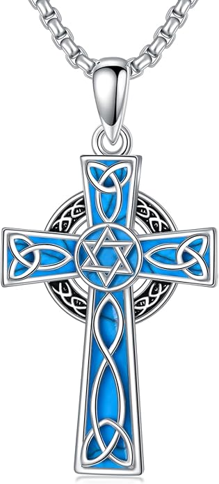 HPQQ Cross Necklace 925 Sterling Silver Turquoise Tree of Life Celtic Knot Cross Pendant Jewelry Mother's Day Gifts for Women