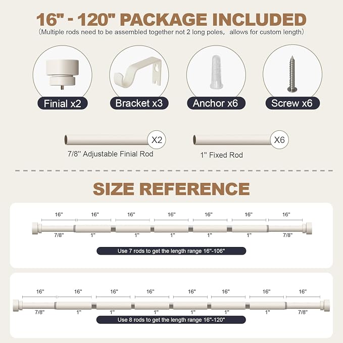 Lootkell Modern White Curtain Rods for Windows 66 to 120 Inches Adjustable Length Heavy Duty 1" Diameter Window Curtain Rod with Decorative Finials for Outdoor Farmhouse Bedroom Kitchen Living Room