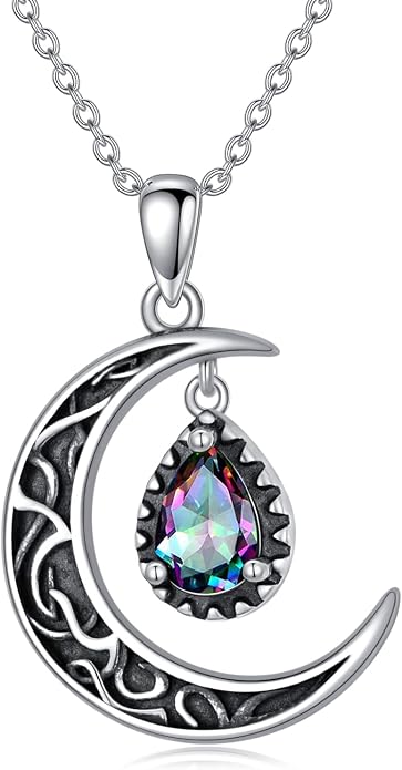 VONALA Crescent Moon Necklace Sterling Silver Emerald/Red/Purple/Black/Rainbow Topaz/Green/Aquamarine/Blue/Moss Agate Celtic Moon Teardrop Necklace Celtic Jewelry Gifts for Women Birthday