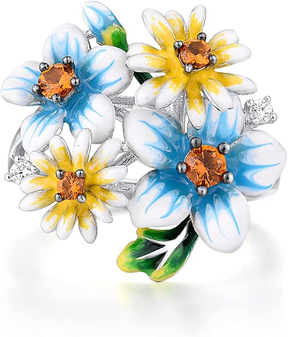 Santuzza 925 Sterling Silver Enamel Flower Ring for Women