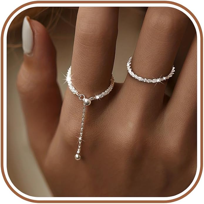 925 Sterling Silver Link Chain Fidget Rings with Dangle Bead Star for Women 14k Gold Plated Adjustable Sparkling Twist Rope Ring Stackable Line Finger Ring Jewelry Christmas Gifts for Mom