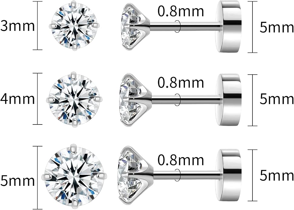 Titanium Earrings for Women Stud Earrings Cubic Zirconia Dainty Screw Flat Back Hypoallergenic Earrings for Women for Multiple Cartilage Helix Conch Tragus Piercing Jewelry for Sensitive Ears