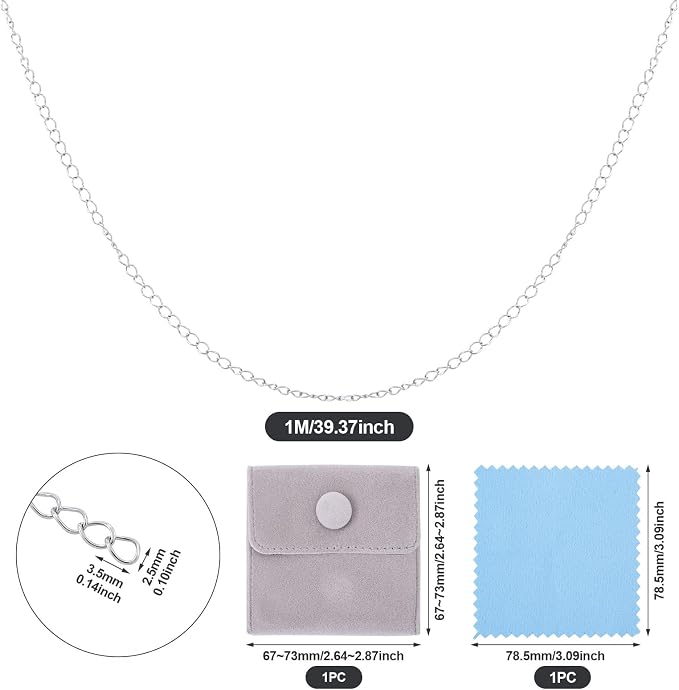 3.28 Feet Sterling Silver Chain for Jewelry Making, Oval Cable Chains 3.5x2.5mm Permanent Jewelry Kit for Women Men Bracelet Necklace Making