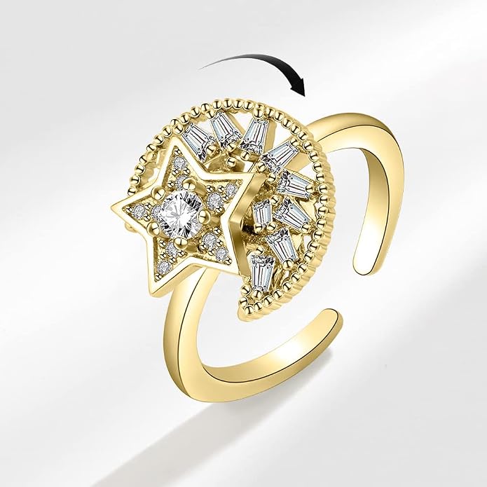 Fidget Ring Anxiety Spinner Ring Open Adjustable Sunflower Star Moon Windmill Butterfly Rings Daisy Stress Relieving Fidget Women Cubic Zirconia Anti Stress Mood Rotate Inspirations Jewelry