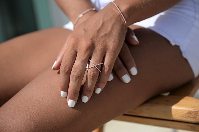 LEMON GRASS Womens Criss Cross Ring Diamond X Ring Micropave CZ Inlay 14K Rose Gold Plating Size 4 5 6 7 8 9 10