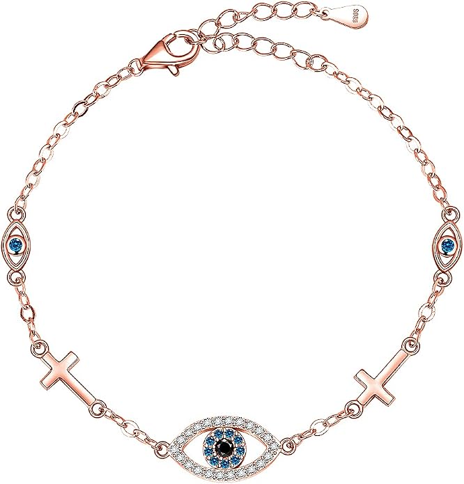 Blue Evil Eyes Link Bracelet, Evil Eye Earrings, S925 Sterling Silver Dainty Cubic Zirconia Adjustable Link Lobster Claw Clasp Chain Jewelry