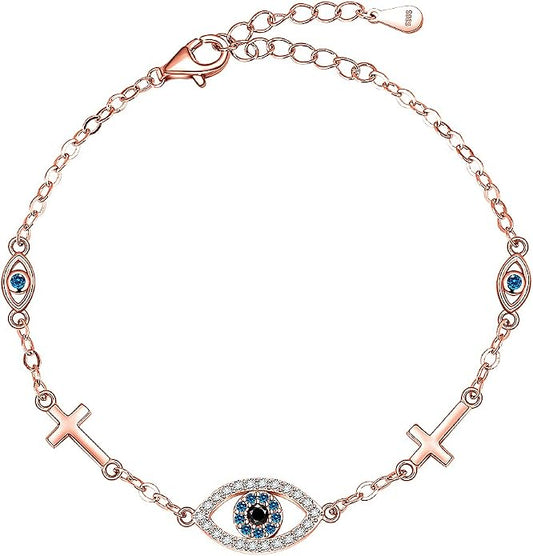 Blue Evil Eyes Link Bracelet, Evil Eye Earrings, S925 Sterling Silver Dainty Cubic Zirconia Adjustable Link Lobster Claw Clasp Chain Jewelry