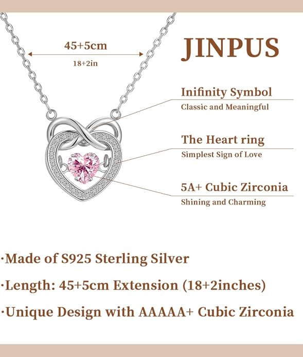 Trendy Dainty Infinity Birthstone Necklace, Dancing Heart 18K White Gold Plated 925 Sterling Silver Heart Necklace, Romantic Love Jewelry Graduation Gifts for Women Her