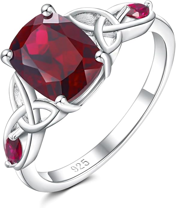 925 Sterling Silver Birthstone Rings for Women Cushion Cut Engagement Celtic Knot Ring Irish Jewelry Created Gemstone Anniversary Rings Size 6-10(with Box)