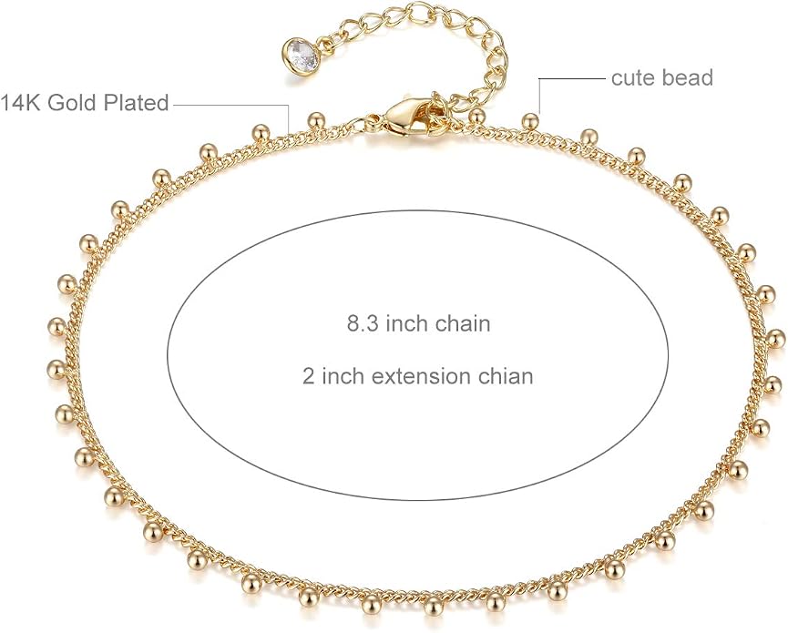 LOYATA Dainty Ankle Bracelet,14K Gold Plated Tiny Bead Anklet Dainty White Cubic Zirconia Cross Tassel Foot Chain Cute Lucky Moon Evil Eye Foot Jewelry Boho Anklets for Women