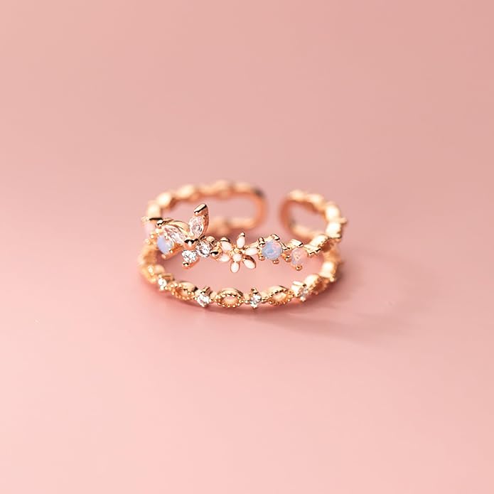 LOVECOM 925 Sterling Silver Butterfly Daisy Flower Rings for Women Mothers Self Love Ring for Myself Adjustable Gold Layered Colorful Opal Cubic Zirconia Stackable Ring Jewelry Gifts to Daughter