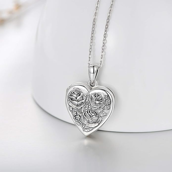 MEDWISE 925 Sterling Silver Locket Necklace That Holds Pictures Photo Necklace Oxidized Rose Flower/Sunflower/Compass/Celtic Heart Pendnat Lockets Gifts for Women Birthday Christmas Gifts
