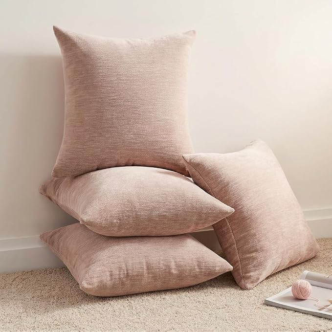 Set of 4 Blush Pink Throw Pillow Covers 24x24 Inch, Neutral Boho Farmhouse Aesthetic Decorative Pillow Cases for Couch, Sofa, Living Room & Bed, Chenille Pillow Cases, Stylish Home Decor, 60x60 cm