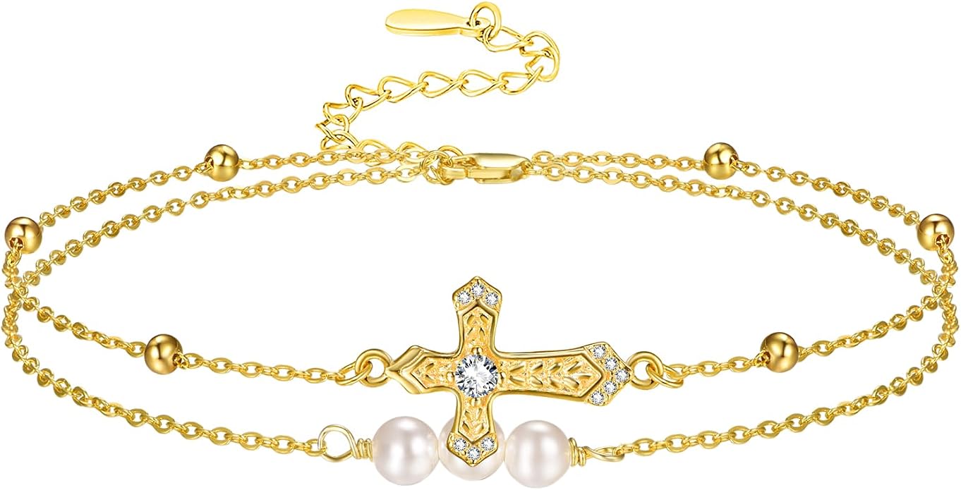 Palpitate Cross Anklet for Women Pearl Cross Ankle Bracelets 14K Gold Plated Adjustable Layered Foot Bead Chain for Women Beach Jewelry Christmas Gifts