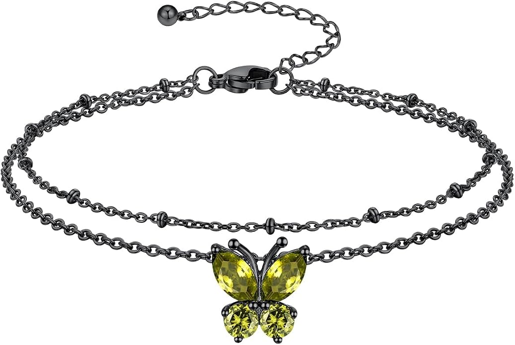 Richsteel Double Layer Heart/Butterfly Birthstone Anklet for Women Non Tarnish Waterproof, Silver/Gold/Black Stainless Steel 8.5-10.5 Inch Adjustable Chain Anklets Jewelry Gifts for Her