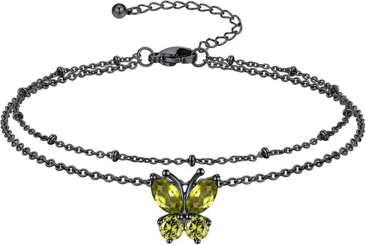 Richsteel Double Layer Heart/Butterfly Birthstone Anklet for Women Non Tarnish Waterproof, Silver/Gold/Black Stainless Steel 8.5-10.5 Inch Adjustable Chain Anklets Jewelry Gifts for Her