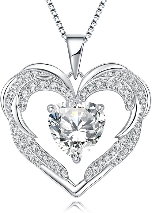 Heart Necklaces for Women Mother's day Gifts, Birthstone 925 Sterling Silver Angel Wings Love Pendant Necklaces for Women, Jewelry Gifts for Wife, Anniversary, Birthday