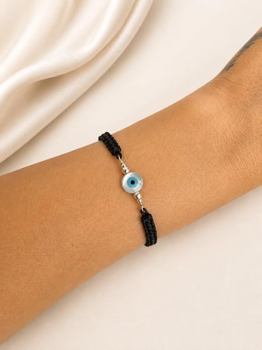 Evil Eye Bracelet for Men Women, Sterling Silver Protection Bracelet, Adjustable Black or Red Woven Cord Bracelet, Good Luck Jewelry Gift