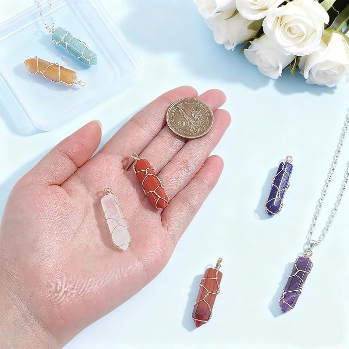 AHANDMAKER 7Pcs Natural Crystal Pendant Wire Wrapped Gemstone Quartz Stone Pendant Copper Wire Wrap Charms Crystal Point Gemstone Wand Charm for Necklace Earrings Jewelry Making DIY Craft