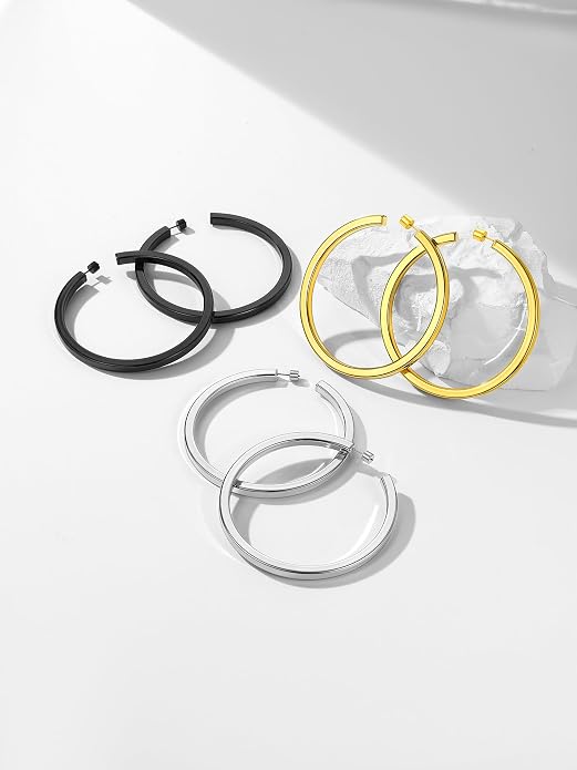 Stainless Steel Chunky Hoop Earrings For Women, Minimalist and Chic, Black/Gold Plated, Round Hoops Earrings Hypoallergenic, Size: 30mm/40mm/60mm/80mm, Come with Box