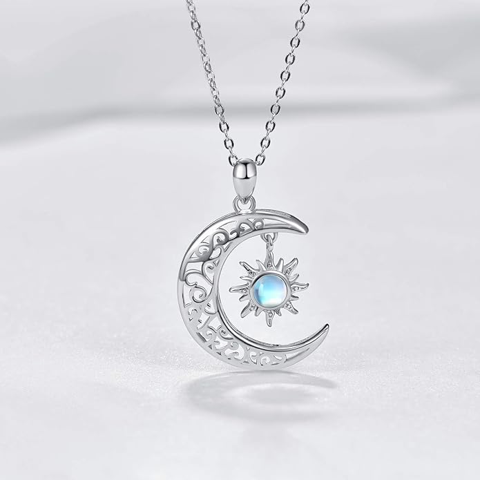 TRISHULA Moon Star Necklace, 925 Sterling Silver Crescent Moon Sun Pendant with Moonstone Crescent Jewelry Gift for Her Sister Birthday Christmas