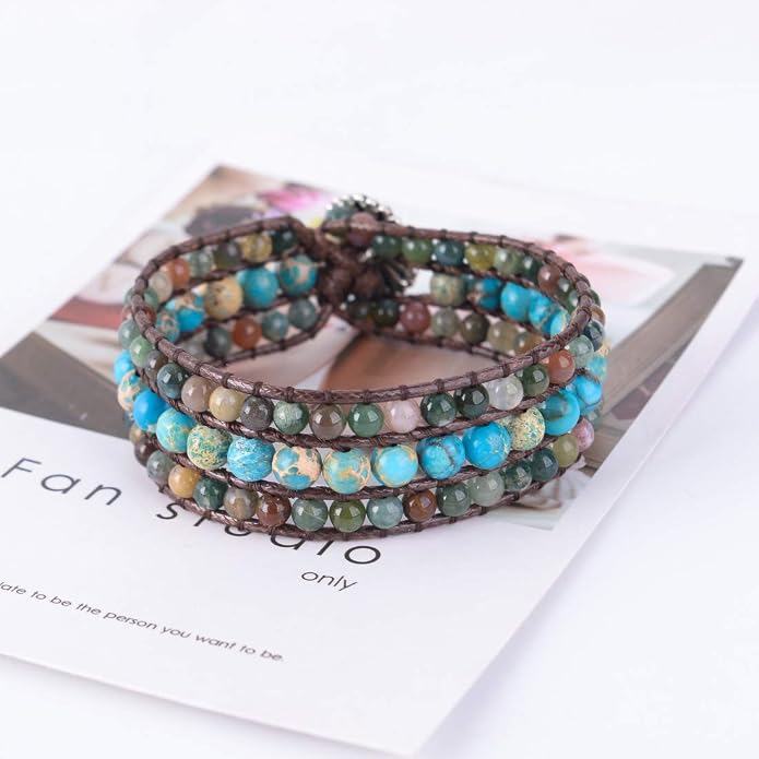 YGLINE Boho Handmade Natural Stone Bead 3 Row Wide Wrap Wrist Statment Bracelet Jewelry Collection