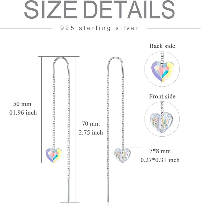 AOBOCO Heart/Butterfly/Cube Threader Dangle Drop Earrings - 925 Sterling Silver Long Chain Earring for Women Baroque Hook Drop Earrings Crystals from Austria