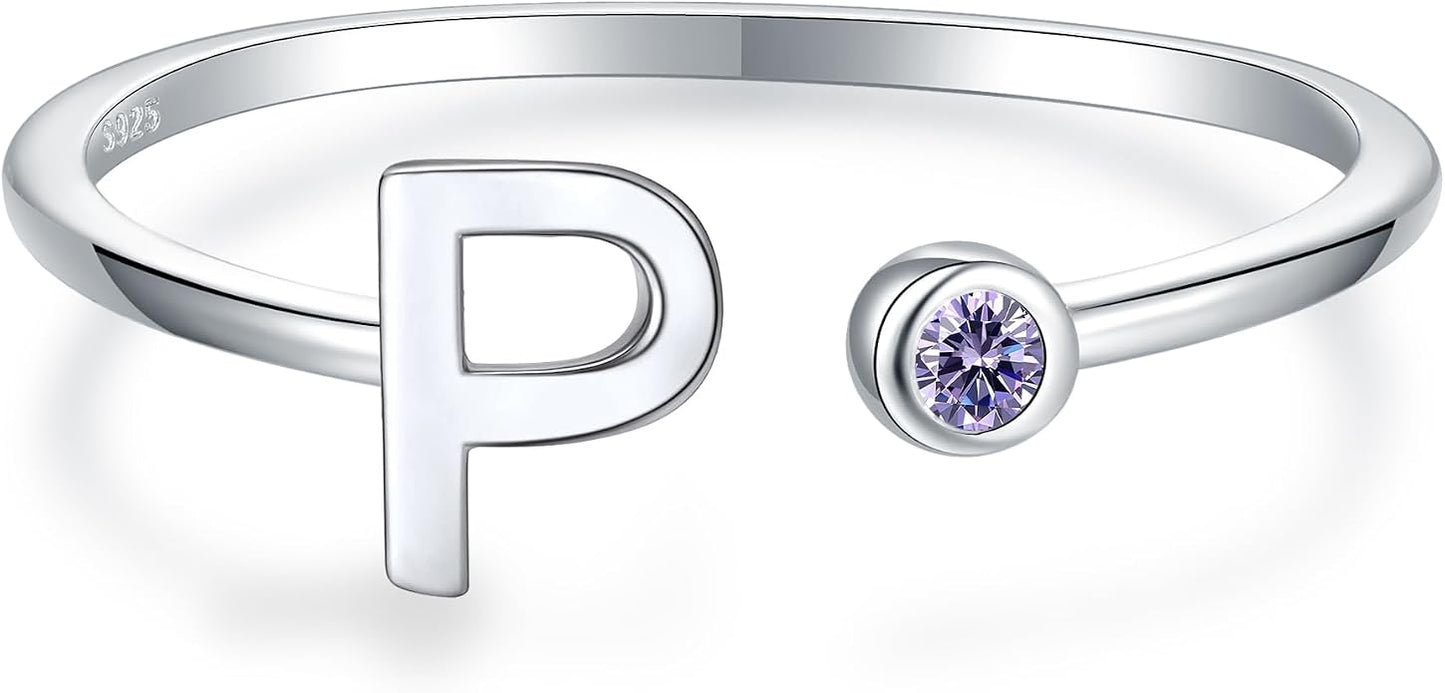 925 Sterling Silver Initial Letter Birthstone Rings for Women Adjustable 1-12 Month Birthstone Alphabet Stacking Ring for Teens Girls Stackable Birthstone Rings Birthday Jewelry Gift for Daughter Mom