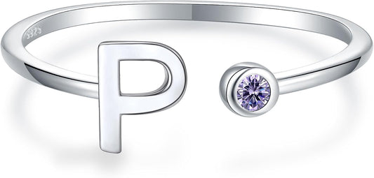 925 Sterling Silver Initial Letter Birthstone Rings for Women Adjustable 1-12 Month Birthstone Alphabet Stacking Ring for Teens Girls Stackable Birthstone Rings Birthday Jewelry Gift for Daughter Mom