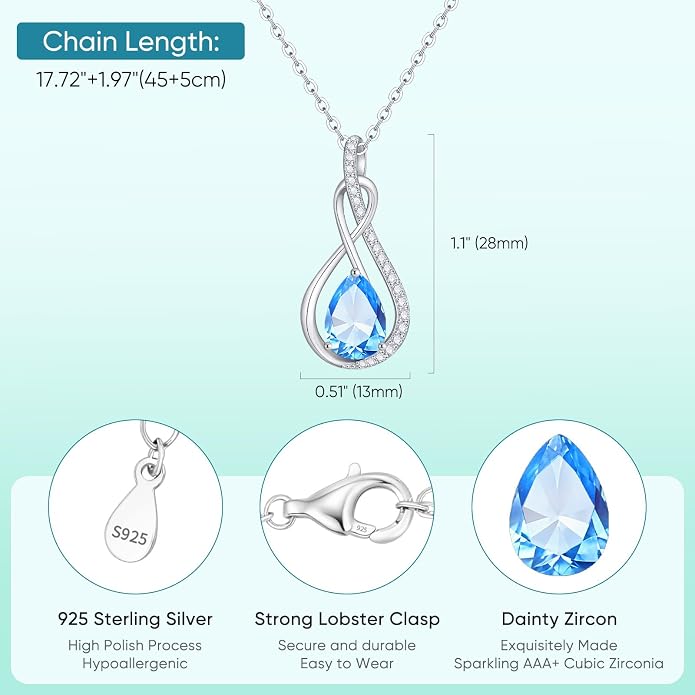 Birthstone Necklaces for Women Mothers - 925 Sterling Silver Dainty Infinity Cubic Zirconia Pendant Necklace Anniversary Birthday Christmas Gifts for Her Wife Mom Lady Daughter, Adjustable Chain