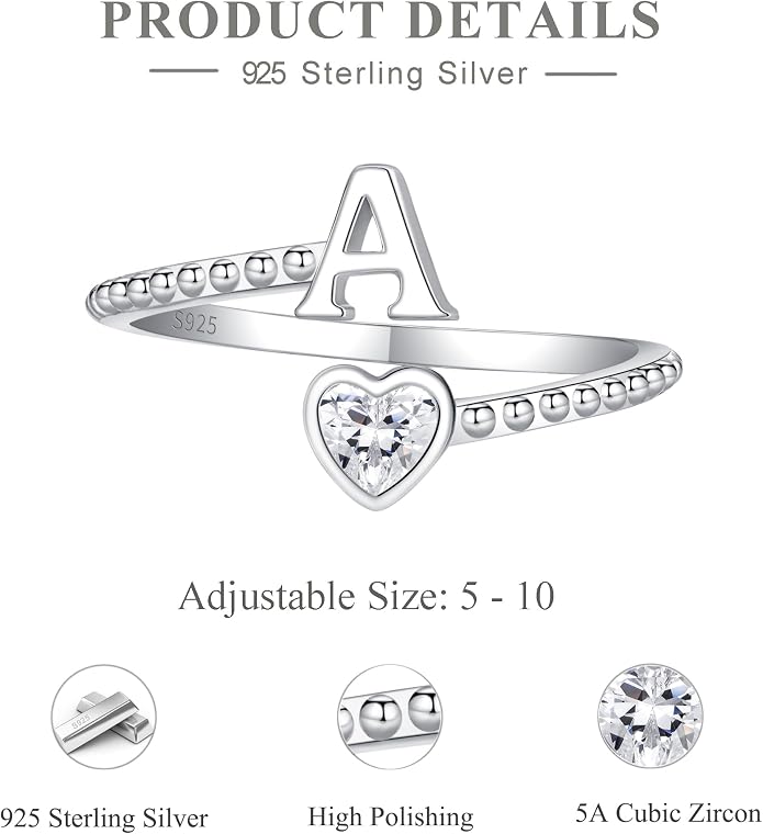 Step Forward 925 Sterling Silver Adjustable Initial Ring for Women | Non Tarnish Letter Rings for Lady | Alphabet Heart Thumb Rings | Capital Letter Jewelry Gifts
