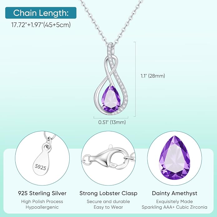 Birthstone Necklaces for Women Mothers - 925 Sterling Silver Dainty Infinity Cubic Zirconia Pendant Necklace Anniversary Birthday Christmas Gifts for Her Wife Mom Lady Daughter, Adjustable Chain