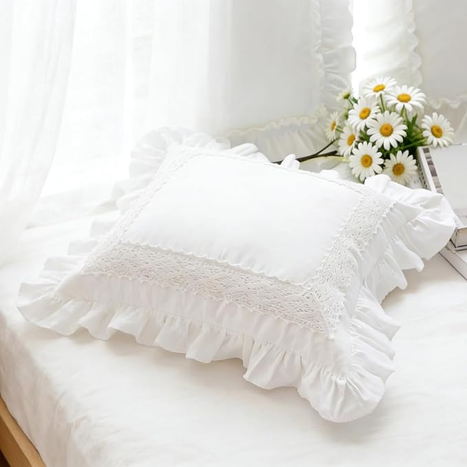 18x18 Pillow Covers, White Lace Square Cushion Cover 100% Cotton Throw Pillow Cover Pillowcase Set of 2, Decorative Cushion case,Handmade Pillowcase with Ruffles