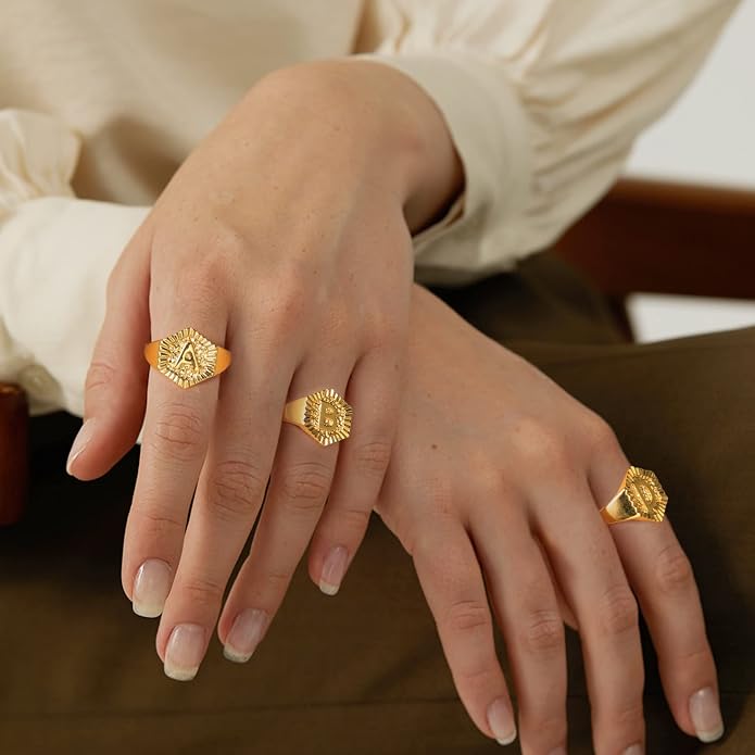 KeyStyle Bold Initial Letter Rings Adjustable, GoldChic Jewelry Women Gold Statement Ring Personalized Engraved Women’s Open Signet Ring for Party (Gold, White Gold, Black)