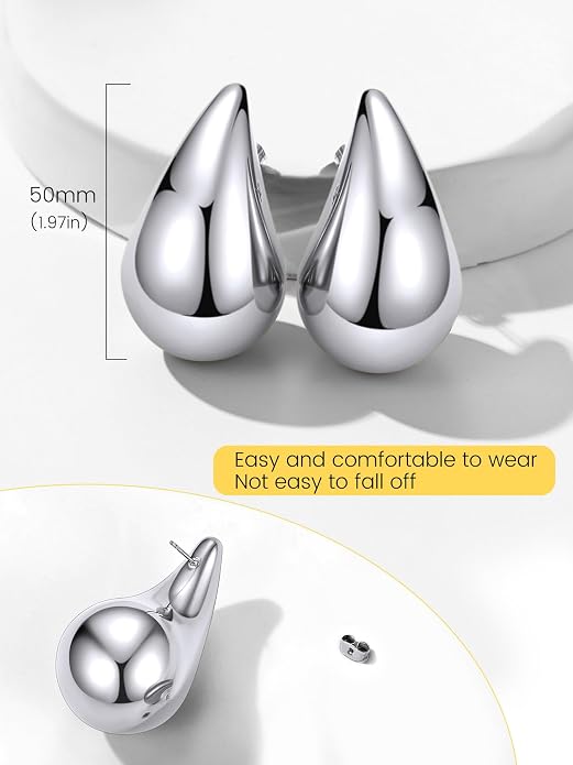 KeyStyle Chunky Gold Hoop Earrings for Women Trendy, Stainless Steel TearDrop Hoops Earring, Lightweight Water Drop Ear Jewerly