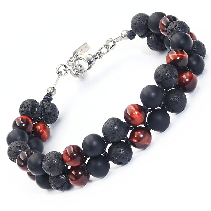Protection Crystals Tiger Eye Beads Bracelet Natural Healing Red Tiger Eye Black Onyx Lava Stone Bracelet Mens Beaded Bracelets for Peace, Handmade Energy Jewelry for Father Husband Son