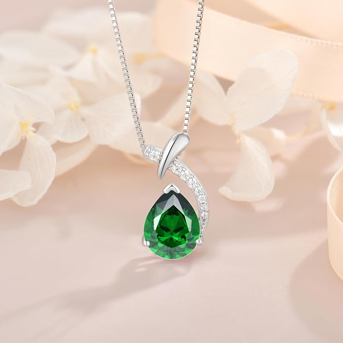 Teardrop Birthstone Necklace for Women,925 Sterling Silver Pear Cut Zircon Gemstone Pendant Necklace for Birthday Engagement Anniversary Wedding Jewelry