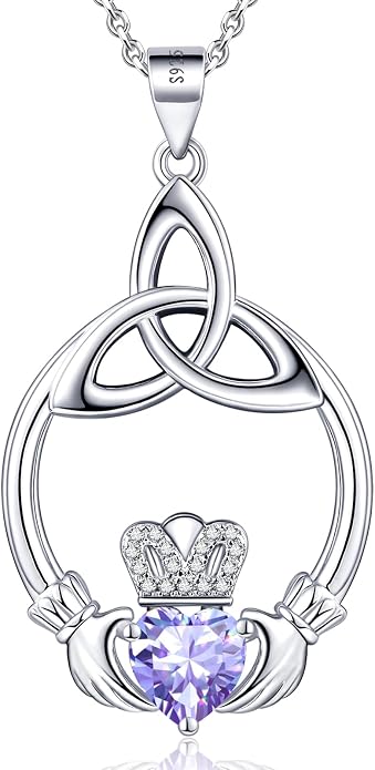 Gift Birthstone Necklaces for Women 925 Sterling Silver Irish Claddagh Necklace for Women Heart Birthstone Pendant Necklace Anniversary Birthday Gifts for Wife Lady Cable Chain 18"+2"