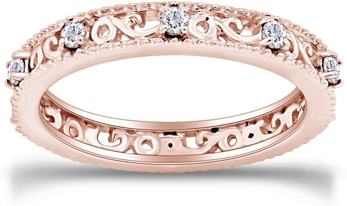 Jewel Zone US Filigree Eternity Wedding Band Ring for Women, Round Cut Simulated Gemstone Stackable Promise Ring in 14K Gold Plated 925 Sterling Silver Band Width 3.5mm – Elegant Jewelry for Her