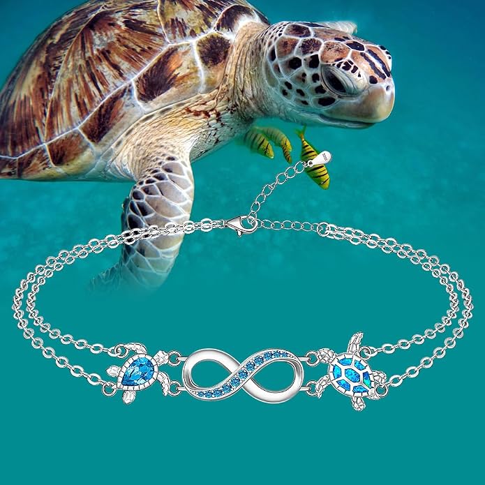 Fenthring Turtle Anklets for Women Turtle Ankle Bracelet Blue Opal Sea Sterling Silver Infinity Wave Ocean Beach Summer Jewelry Mothers Day