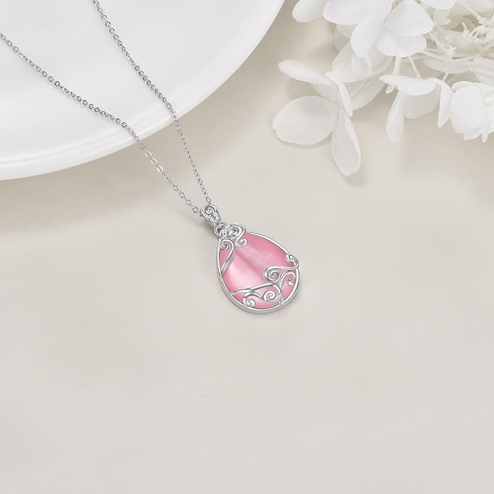 YAFEINI 925 Sterling Silver Moonstone Necklace Filigree Teardrop Pendant Necklace Jewelry for Women Girls