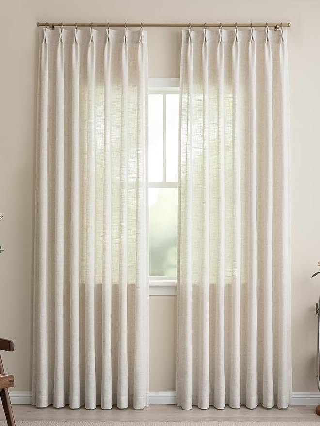 Liz Sheer Pinch Pleated Linen Curtains 108 Inches Long - Light Filtering Pleat Curtains for Living Room, Window Curtains for Bedroom, Luxury Pinch Pleated Drapes with Hooks, Natural, 2 Panels Set