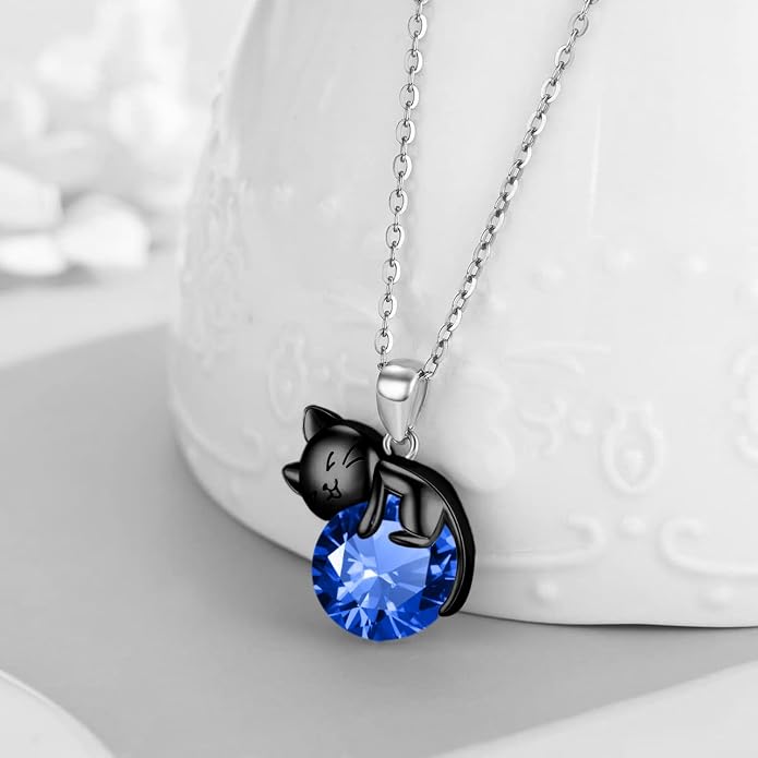 Cat Necklace Sterling Silver Cat Zircon Pendant Gothic Jewelry for Women Animal Lovers Gifts