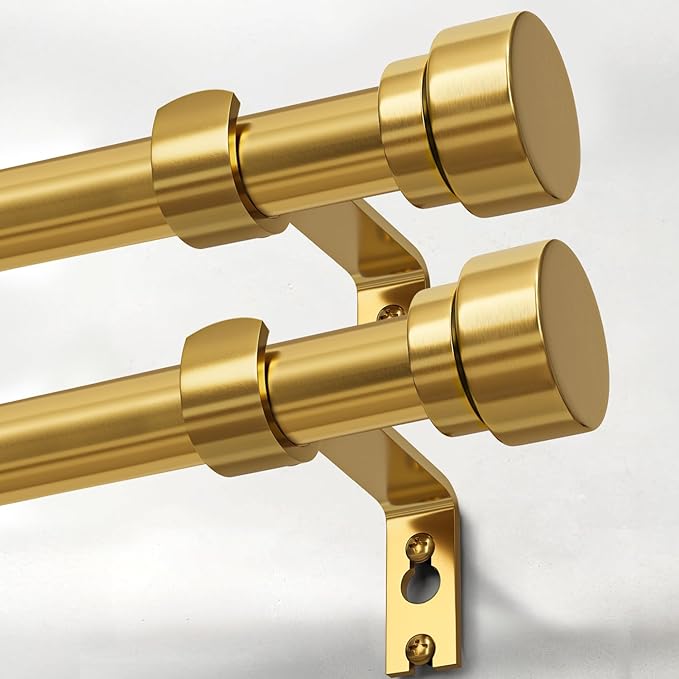 Lootkell 2 Pack Modern Gold Curtain Rods for Windows 28 to 48 Adjustable Length Heavy Duty 1" Diameter Brass Window Rod with Solid Metal Finials for Outdoor Farmhouse Bedroom Kitchen Living Room