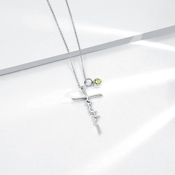PRAYMOS Faith Cross Necklace for Women 925 Sterling Silver Pendant Necklace With Birthstone Initial Christian Religious Confirmation Baptism Mothers Day Gifts