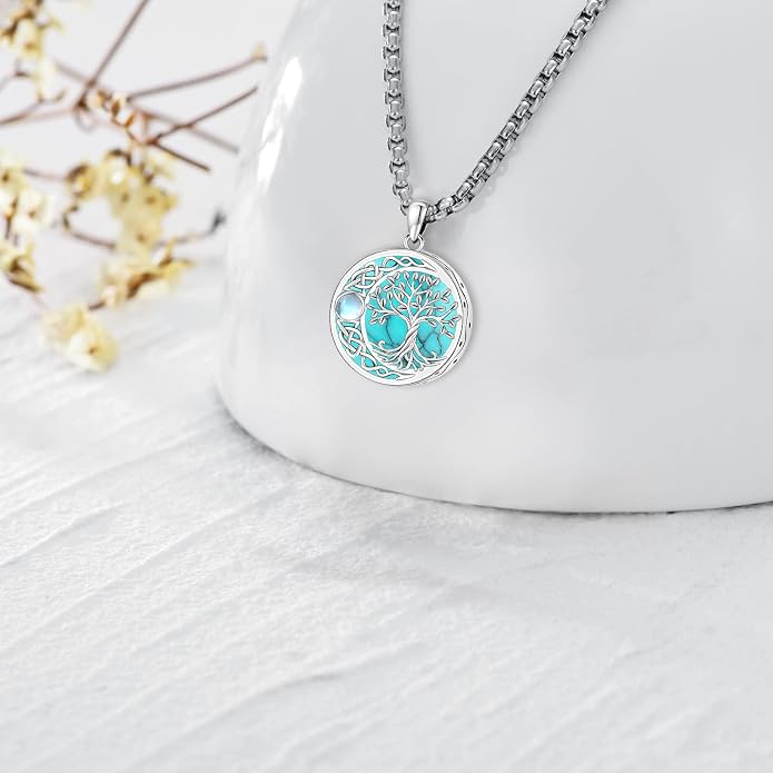 Tree of Life Necklace for Women Sterling Silver Celtic Moon Tree Moonstone Turquoise Pendant Heart Family Tree Necklace for Mother Daughter Sister Gifts