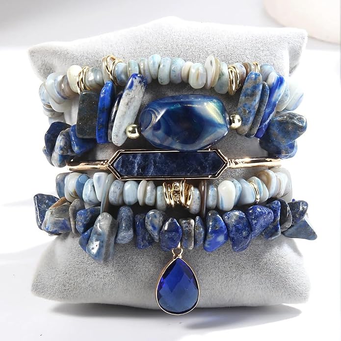 Yomisa 5PCS 6PCS Natural Boho Beaded Bracelets/Bangle for Women Men,Healing Turquoise Jasper Agate Crystal Gemstone Stone Chakra Multilayer Wrap Bohemian Handmade Jewelry Beads Stretch Bracelet Set